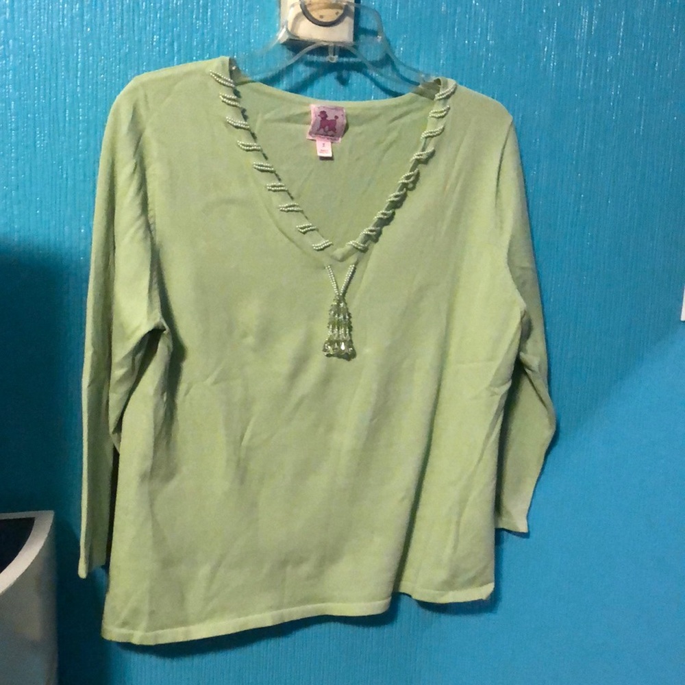 Pink Poodle. Green top with 3/4 sleeves and beaded collar